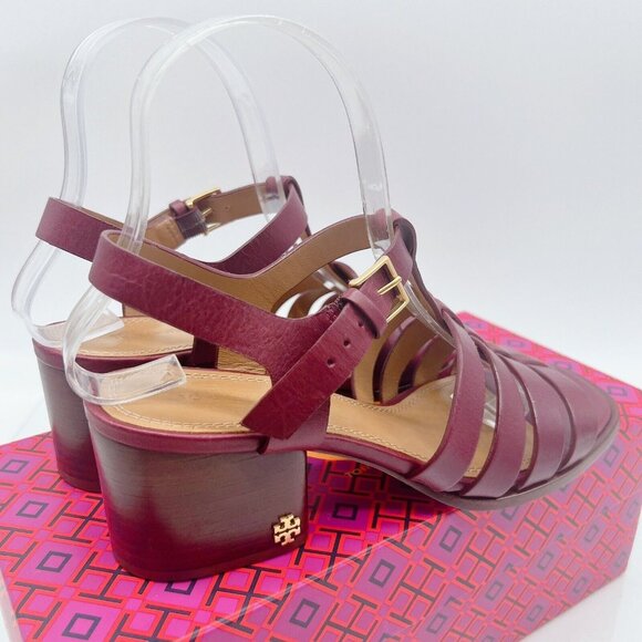TORY BURCH FISHERMAN BLOCK HEEL SANDALS Claret Red Leather Womens US 6.5 - Picture 5 of 10